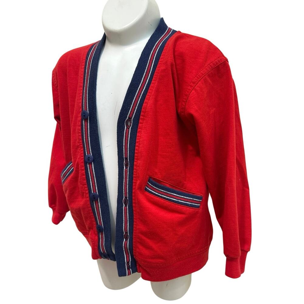 Vtg 80’s Kids Jon Weston Red/Blue Preppy Varsity Collegiate cardigan Childs 7/8